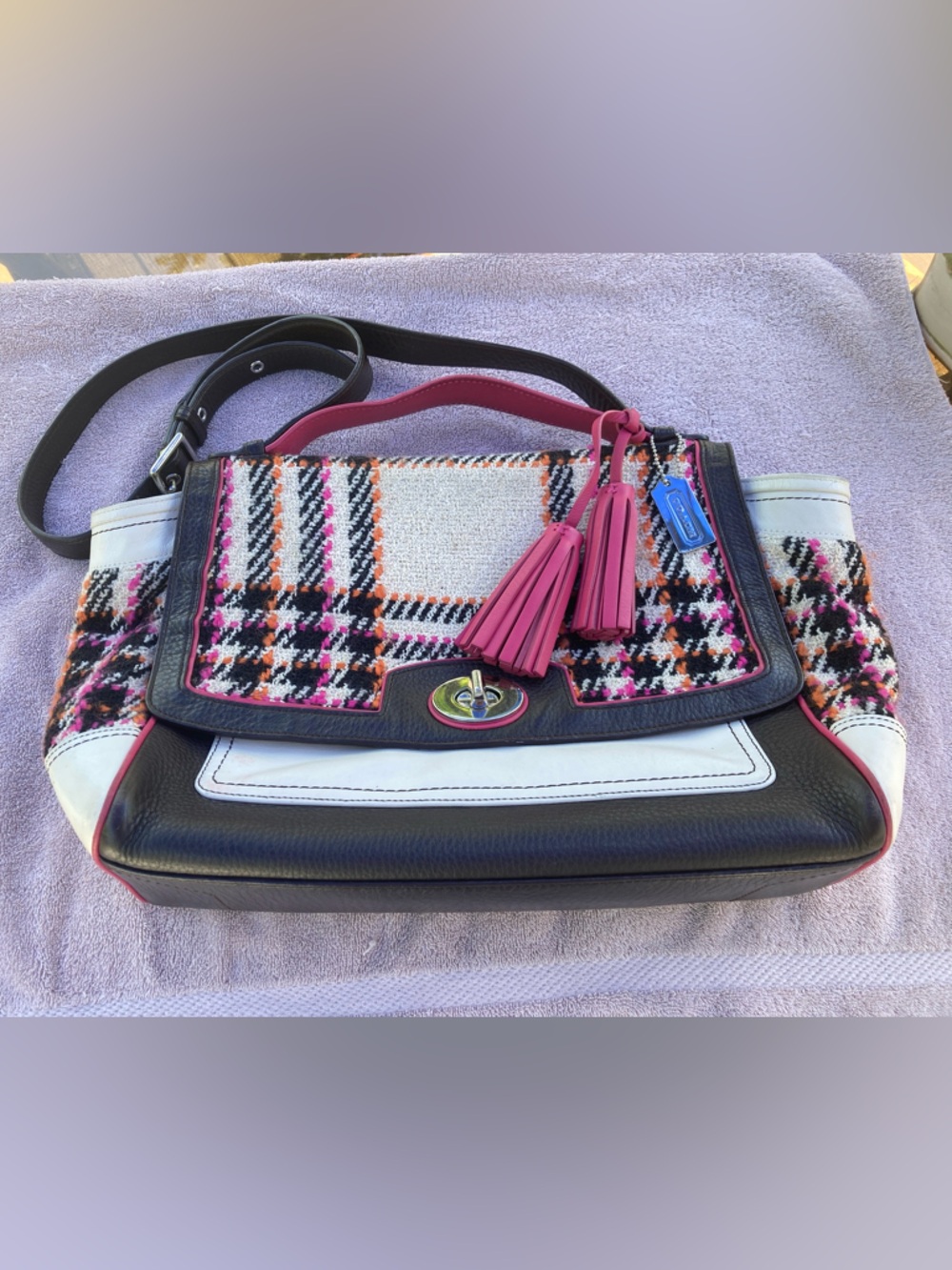 Coach Legacy Plaid Leather and Tweed Shoulder Bag with Pink Tassels